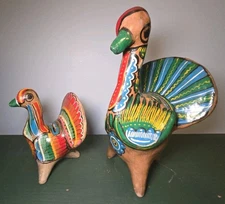 Vintage Pair Of Colorful Tonala Turkey Mexico Folk Art Pottery Coin Banks