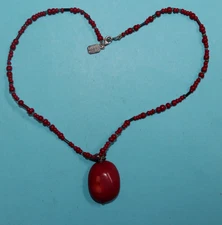 Vintage Kalan Sterling Silver Beaded Red Coral Pendant Necklace 16"  [085GCM]