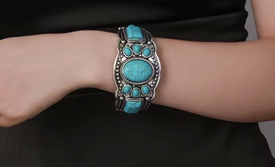 Turquoise Cuff Bracelet Western Boho Silvertone Jewelry - Image 4 of 4