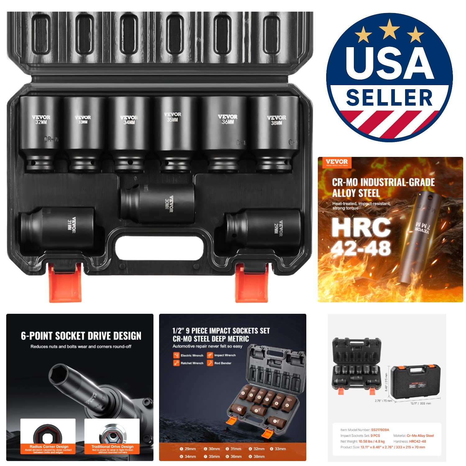 9-Piece Cr-Mo Deep Impact Socket Set with Easy-Read Markings & Toolbox