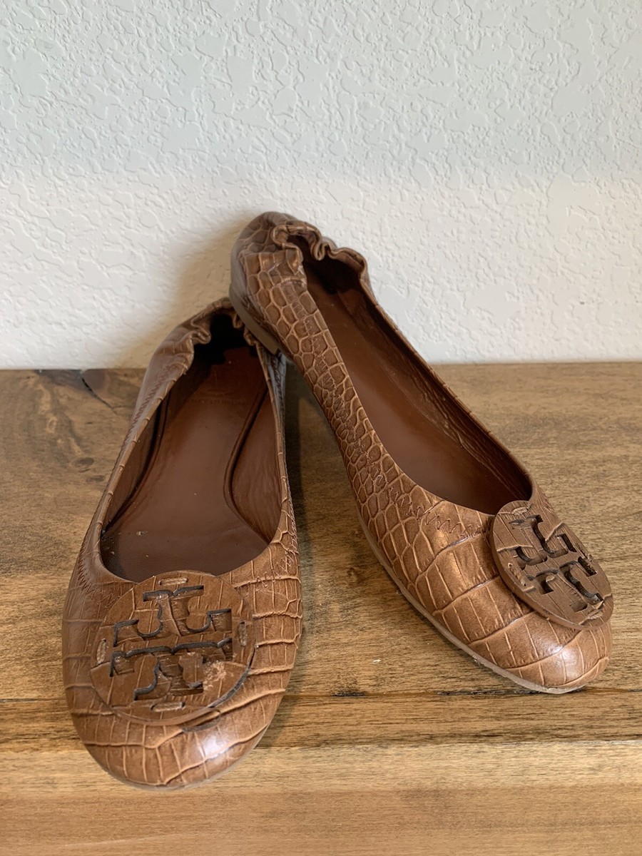 Tory Burch Embossed Leather Slip On Travel Flats Size Brown Womens Croc