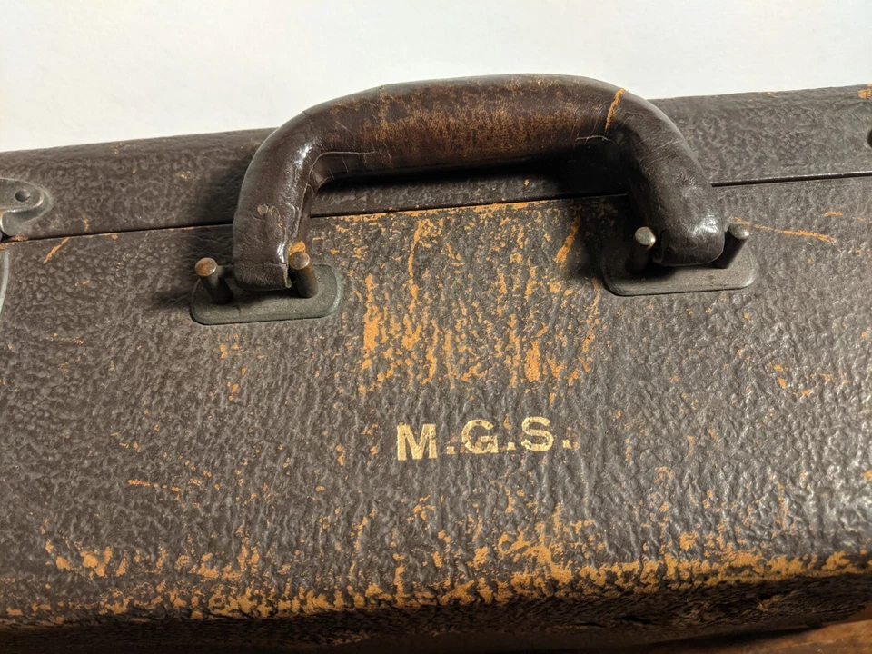 Vintage Cowhide Suitcase w/ Travel Stickers Briefcase Salesman Leather Wood - Image 3 of 4