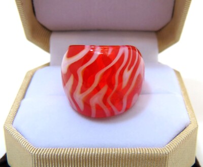 Chunky BoHo Red & White ''Tiger Stripe'' Swirl Hand Blown Glass Bling Ring - Sz 7