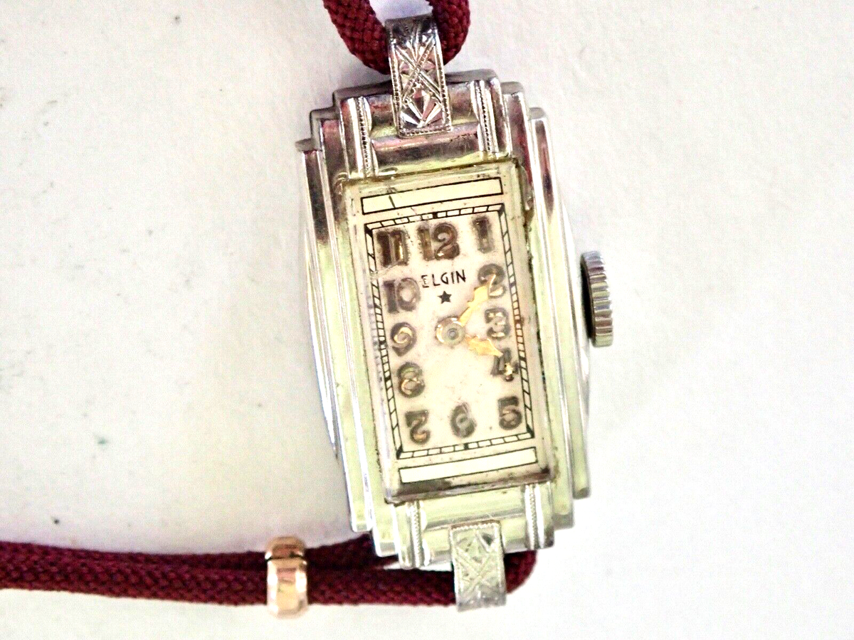 Ladies Vintage Elgin 10K Gold Filled Wrist Watch Red Rope Cord Band Art Deco