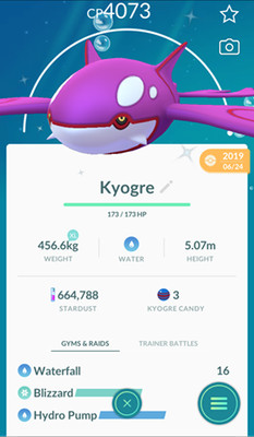 Pokemon Shiny Kyogre Go Maxed CP LV40- 3 Moveset - Master PVP- Trade