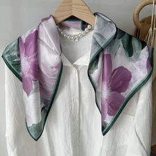 100% Silk Scarf Women Vintage Purple Flower Kerchief Headscarf Wrap Tied 68*68cm