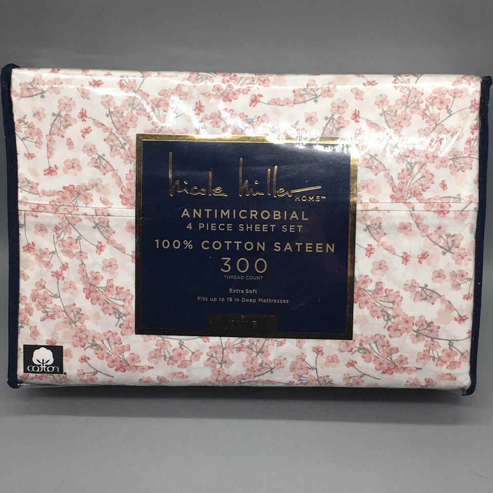 4pc Nicole Miller Pink Floral Cherry Blossom KING Sheet Set Cotton Sateen NEW - Image 4 of 4