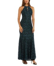 Nightway Petite Lace Halter Gown Green Glitter Zippered L132720 Womens Size 8P