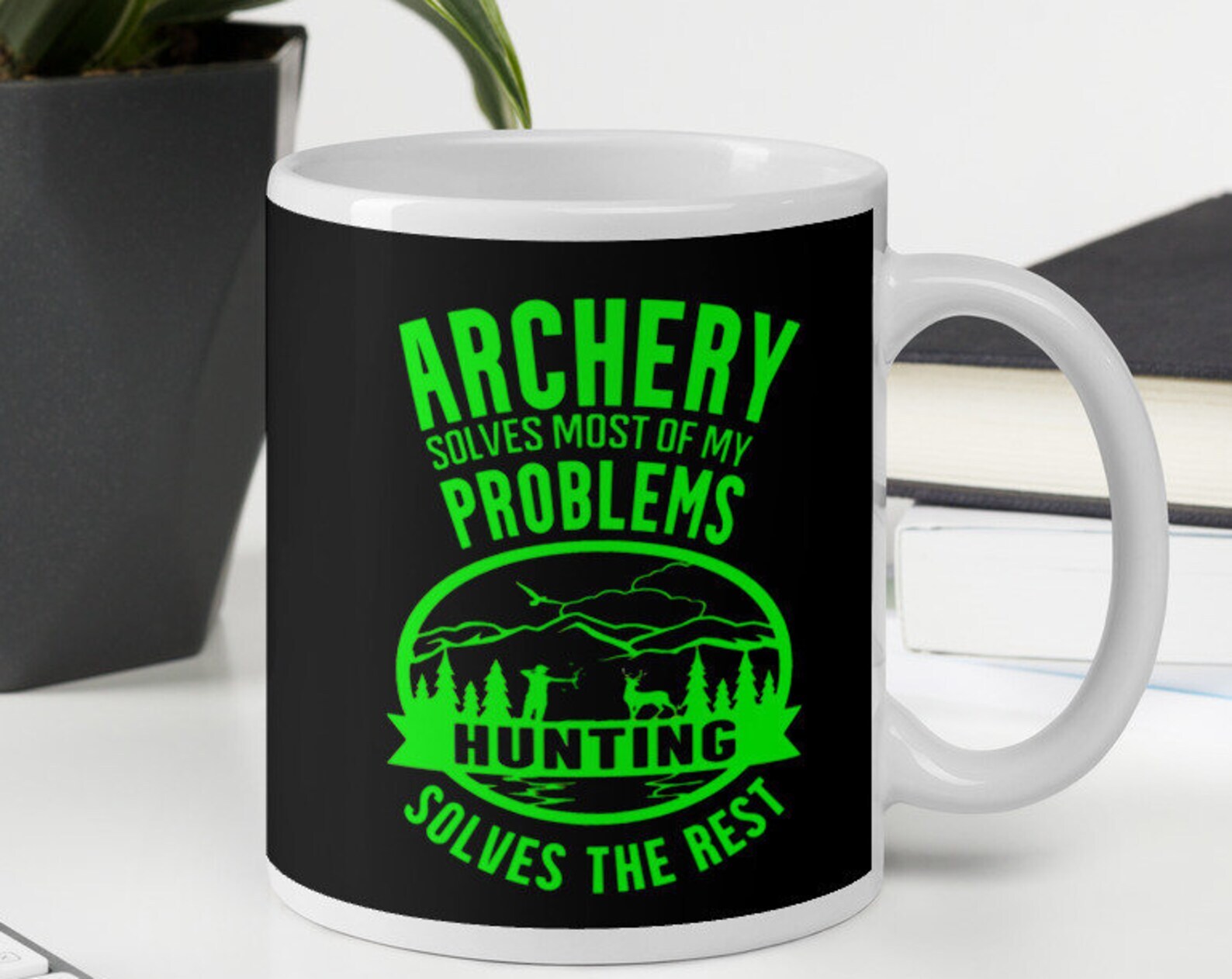 Archery Hunting Bowhunting Solves My Problems Funny White Glossy Coffee Tea Drin