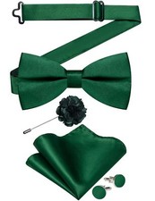 Mens Satin Pre-tied Bowtie Shiny Solid Bow Tie and Pocket Square Cufflinks La...