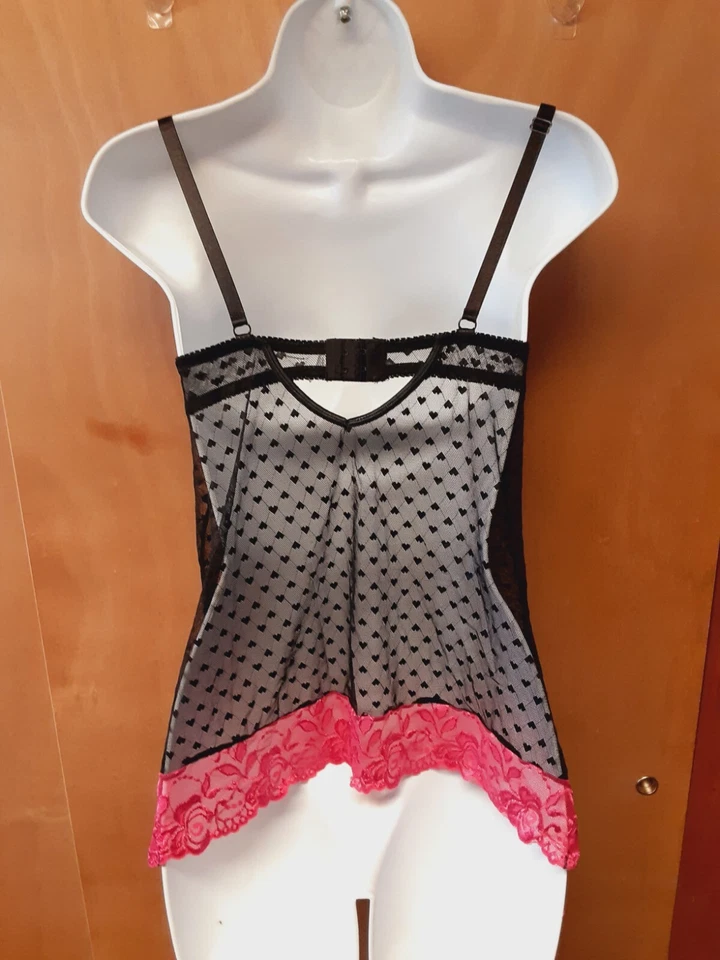 Lencería Camisón Transparente Rampage Talla Pequeña Rosa Negro Encaje Corazones DIVERSIÓN HUMEANTE Foto 4 de 4