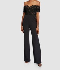  1189 Badgley Mischka Women's Black Off-the-Shoulder Lace Corset Jumpsuit Sz 4