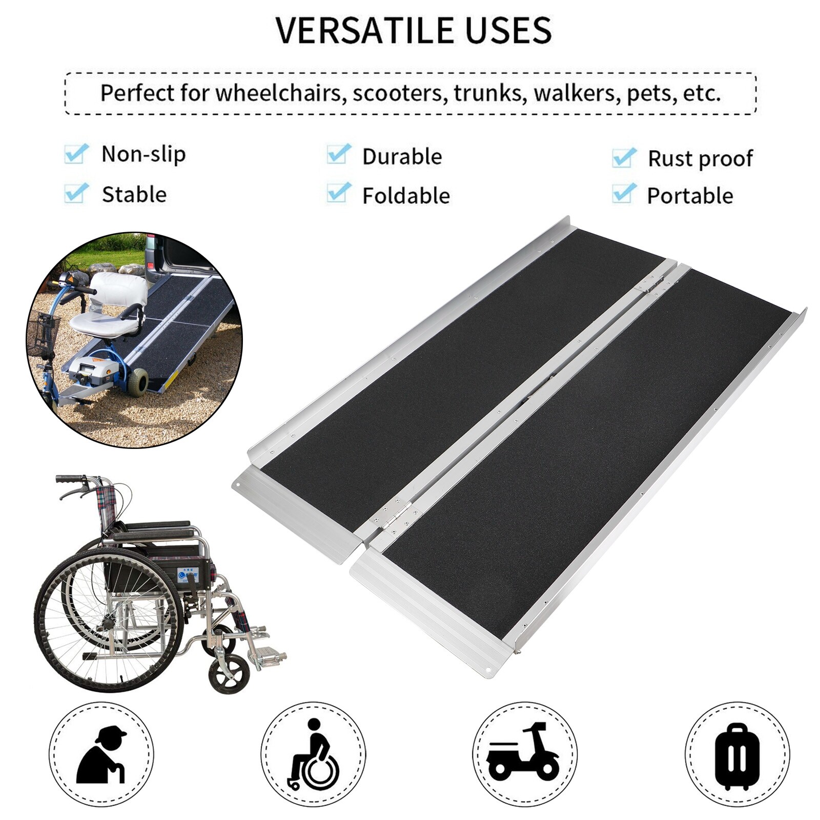 4FT Foldable Non-Skid Aluminum Wheelchair Ramp for Mobility Scooters