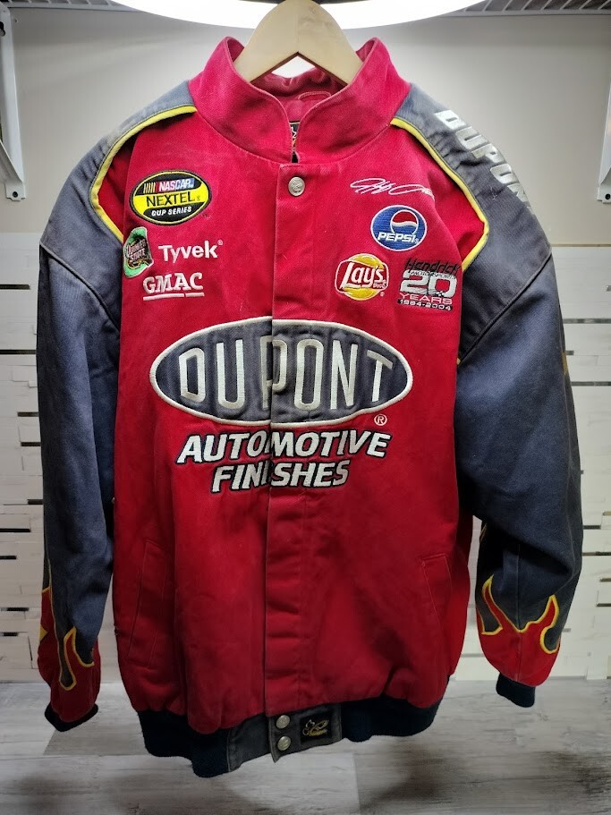 Vtg Distressed Dupont Jeff Gordon Flame NASCAR Racing Coat Jacket XL
