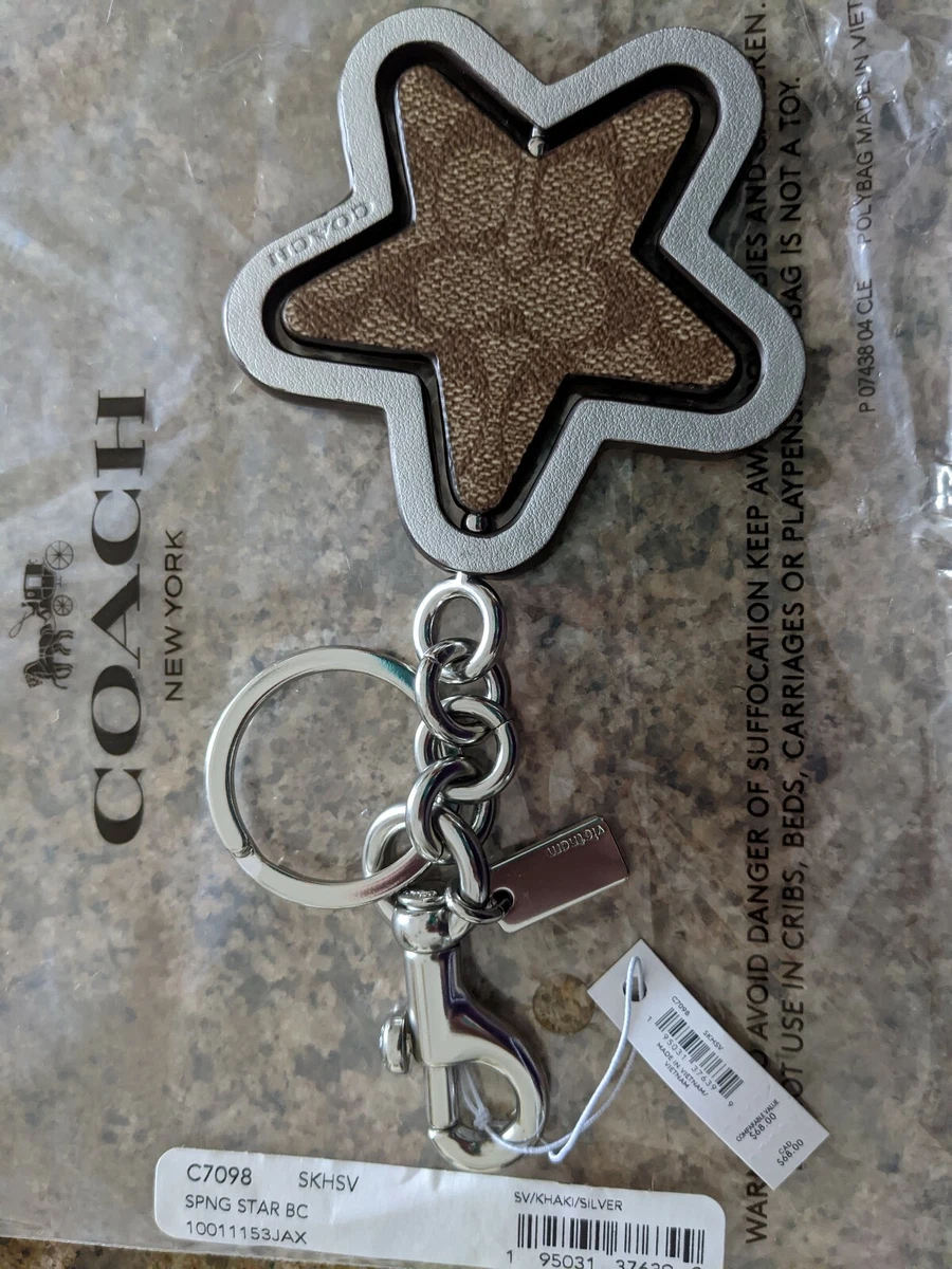 COACH SPINNING STAR BAG CHARM KEY Ring FOB Leather Brown Silver SIGNATURE NWT