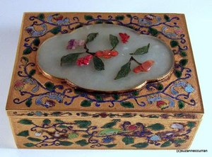 19th C Gilt Chinese Silver & Enamel Squirrel Box with Carved Jade & Cinnabar