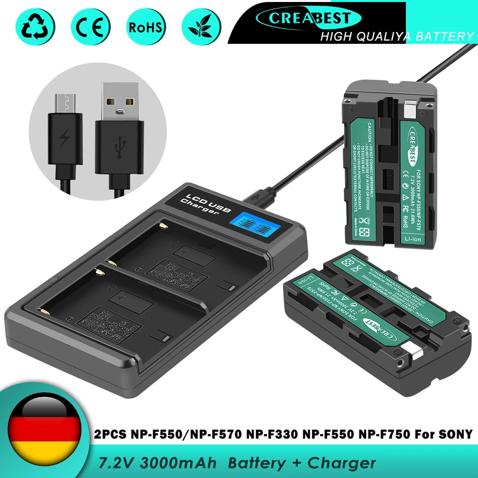 CREABEST 2× NP-F550 Akku + Ladegerät Für SONY NP-F750 NP-F530 NP-F970 F960 NP-F330 TR416