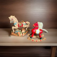 Rocking Horse Christmas Holiday Ornaments Resin Wood Vintage Lot Of 2