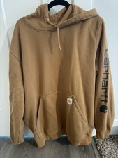 Carhartt Brown Fleece Pullover Hoodie Logo Pockets Drawstring Loose Fit L