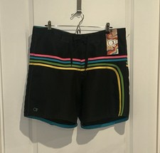 OP Ocean Pacific Mens Surfer Black w Stripes Board Swim Shorts Sz 36