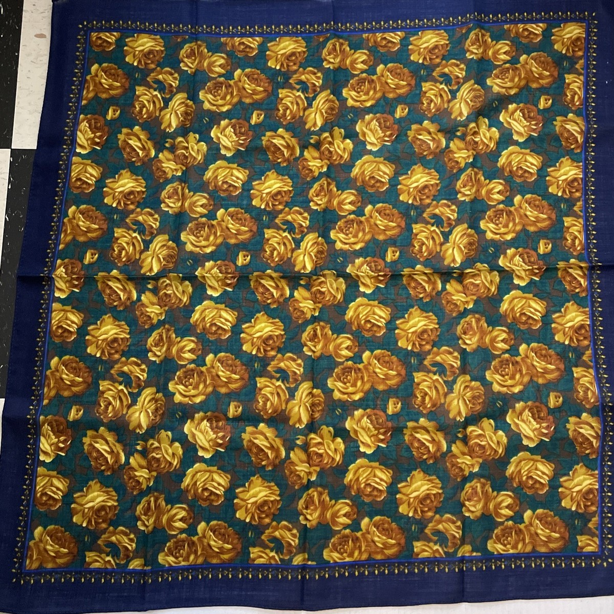 VTG 60's Gold Roses Scarf Virgin Wool Shawl Kerchief Hand Printed