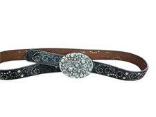 Leather Women's Belt Hair Swirl Black silver Studs Rhinestones Nocona Sz LARGE