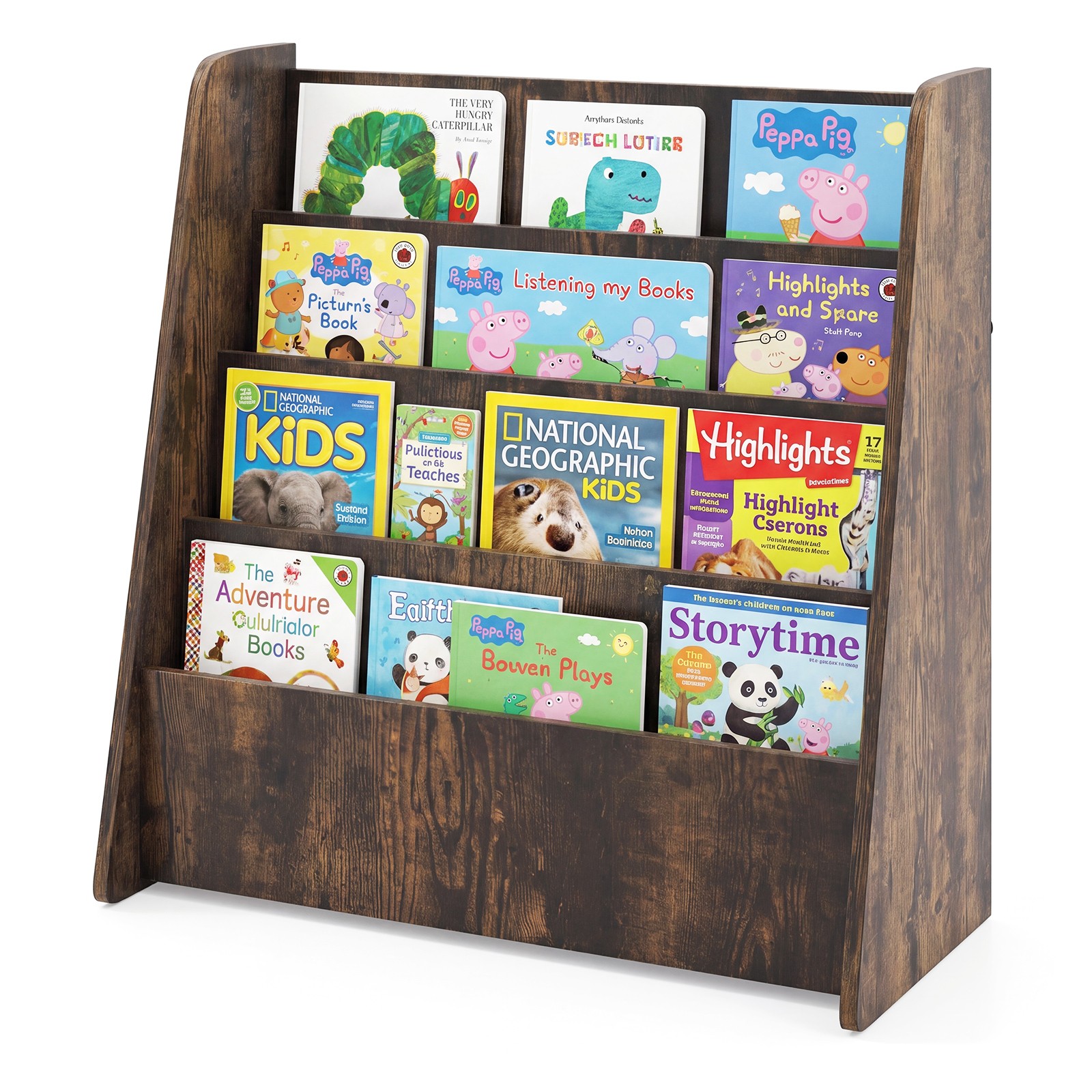 4-tier Kids Wooden Bookshelf Toddlers Book Rack with Deep Shelves, Brown