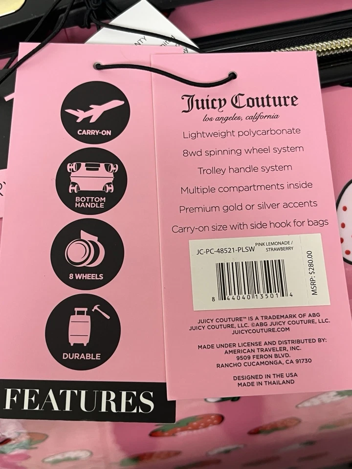 JUICY COUTURE 21” Pink Diamond Strawberry Carry-on Luggage Spinner & Handle NTW - Image 4 of 4