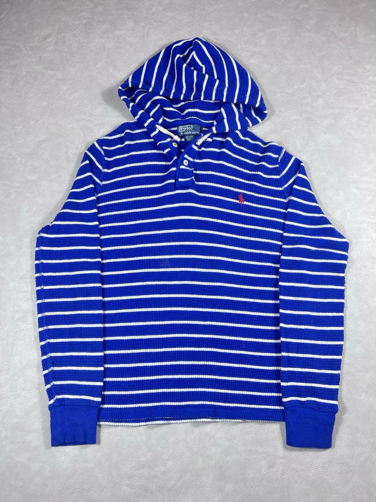 Polo Ralph Lauren felpa con cappuccio a righe taglia media blu bianco maglia a costine pony termica