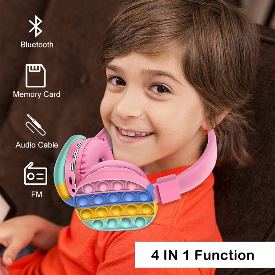 NEW Kids Headsets Pop It Fidget Wireless Bluetooth Over-Ear Headphones Pink Blue - Image 4 of 4