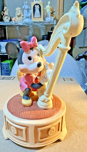 Disney Minnie Mouse Music Box Pink Polka Dot Figurine Wind Up Rotating Base
