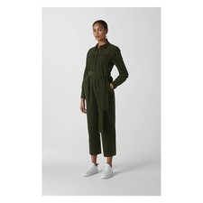WHISTLES Dark Green Cord Fabric Button Front Tie Waist Utility Jumpsuit Size 12