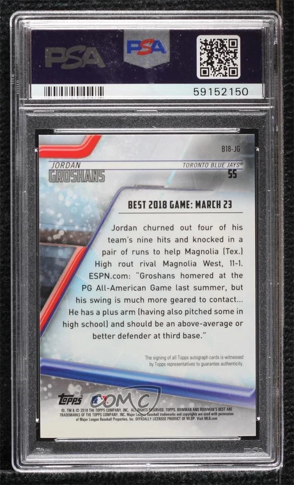2018 Bowman's Best of Atomic Refractor /25 Jordan Groshans PSA 9 MINT Auto - Image 2 of 2