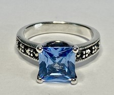 Vintage Sterling Silver 925 Princess Cut Blue Topaz  Marcasite Ring Size 6.5