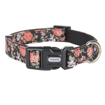 Black Flower Pattern Dog Collar,Nylon Webbing Plus Polyester Ribbon 2 Layers,...