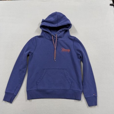 Tommy Jeans Hoodie womens Small Blue Pullover Fleece Sweatshirt Embroidered Logo