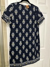 Tori Burch Blue 100% Linen Paisley Tropical Shift Dress XL Casual Chic Classic