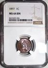 NGC MS-64 BN 1897 Indian Head Cent, Beautifully Toned, Radiant specimen!