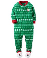 CARTER'S 1PC SANTA CLAUS BOYS FAIR ISLE GREEN FOOTED SLEEPER FLEECE PAJAMAS 12M