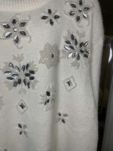 Vtg 1980’s Alfred Dunner Pullover Embellished Ivory Sweater Beads Snowflakes XL - Picture 4 of 13