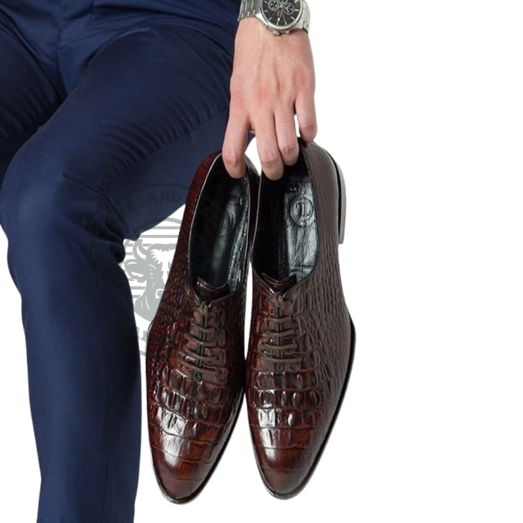 Handmade Brown Crocodile Texture Shoes, Spectator Lace Up Stylish Men's Shoes