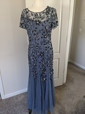 Adrianna Papell Floral Beaded Gown Cap Sleeve Modest Godets Blue Heather Sz 10