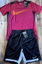NWT Nike Boys YLG Burgundy/Black/Orange/White Dri-Fit Shorts Set Large