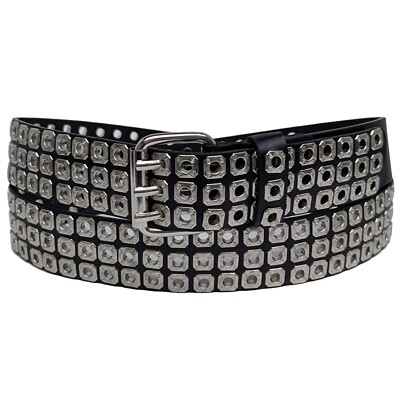 Silver 3Holes Rows Square Grommets Black Bonded Leather Belt | eBay