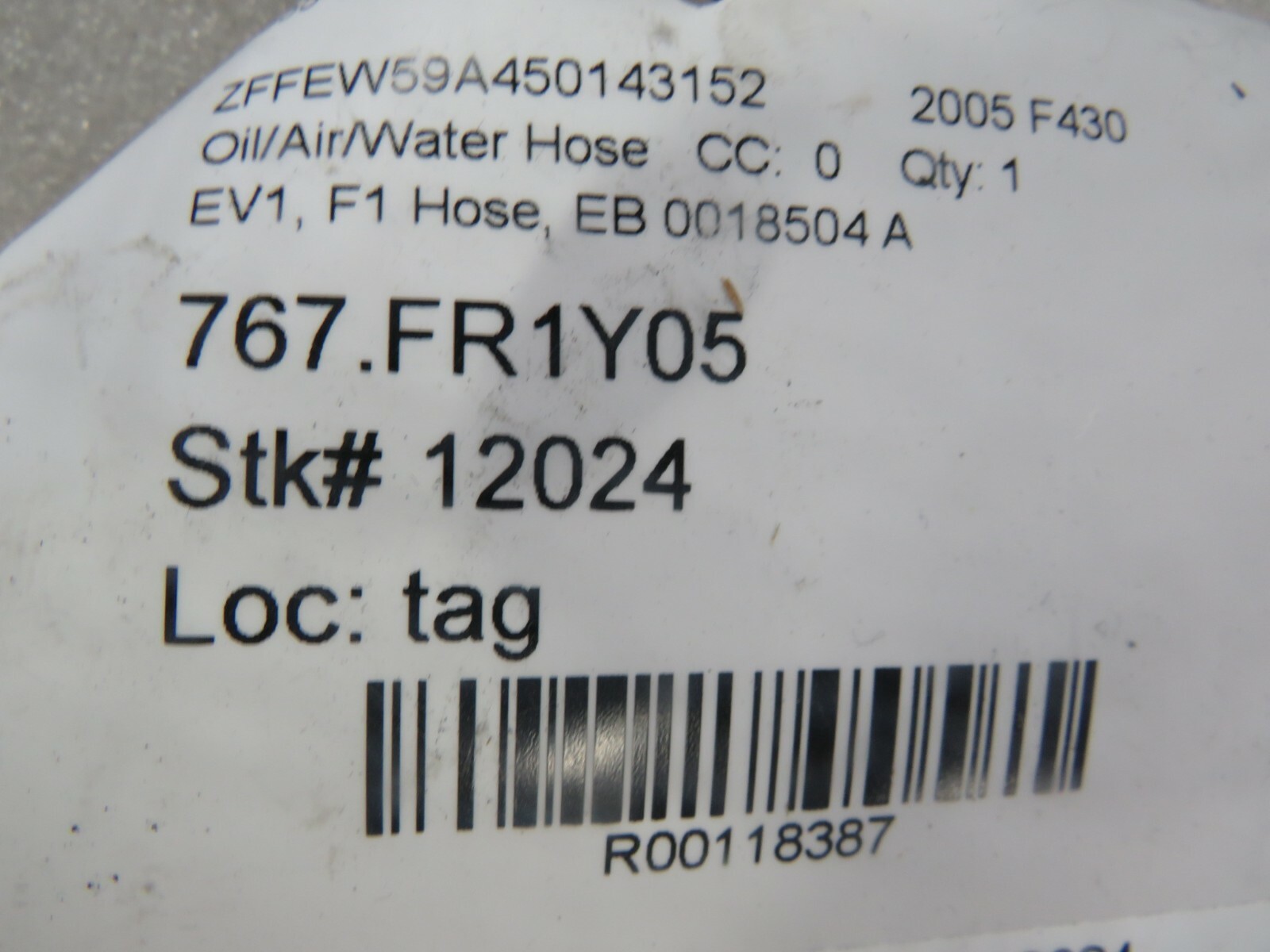 Ferrari F430, EV1 F1 Hose, Used, P/N 0018504 A