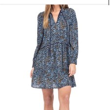 Joy Joy Women Animal Print Blue Tie Neck Long Sleeve Tiered Dress XS