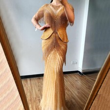 Luxury Glitter Mermaid Evening Dresses Half Sleeve Tassels Zipper Back Prom Gown