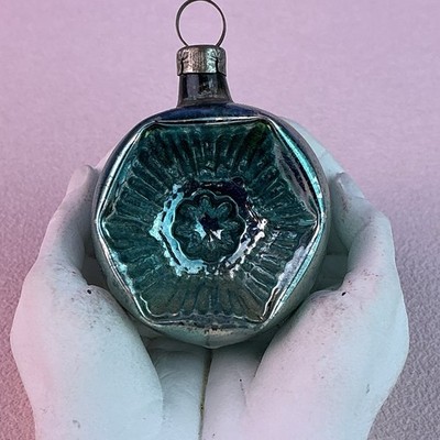 Vintage Hexagonal Indented HandBlown Mercury Glass Small Teal Ornament*1.5 H*