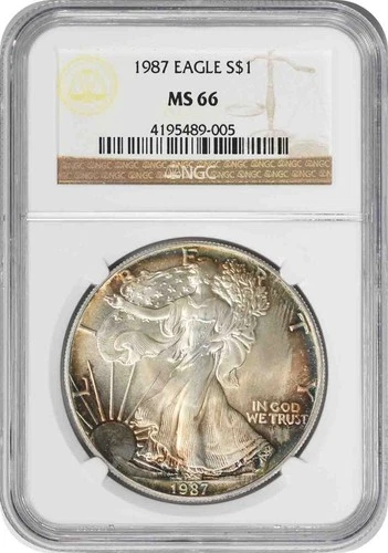 1987 $1 American Silver Eagle MS66 NGC Toned Golden w/ Turquoise Highlights