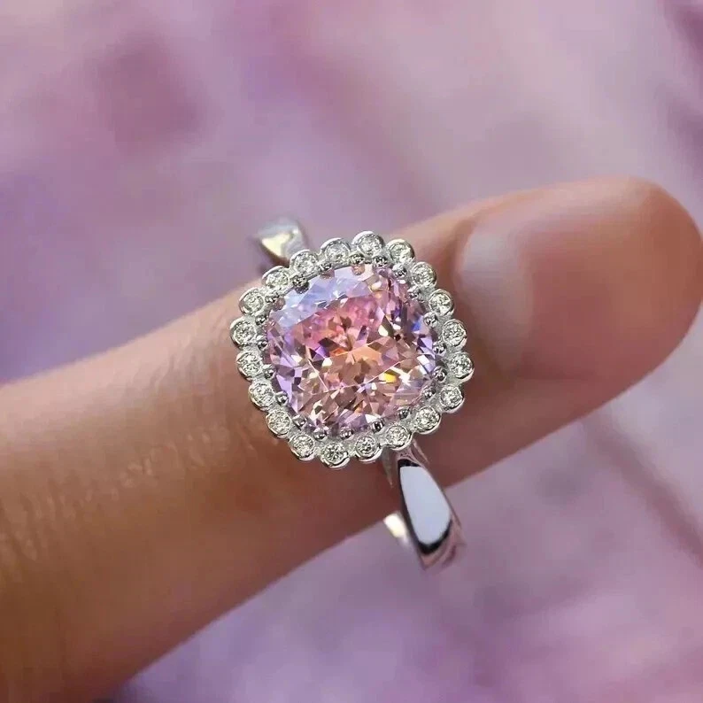 4Ct Cushion Cut Natural Pink Sapphire Diamond Engagement Ring 14k White Gold - Image 2 of 4